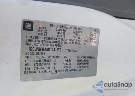 2013 Chevrolet Express 2500 Work Van z USA, uszkodzony, nr VIN 1GCWGFBA8D1141378